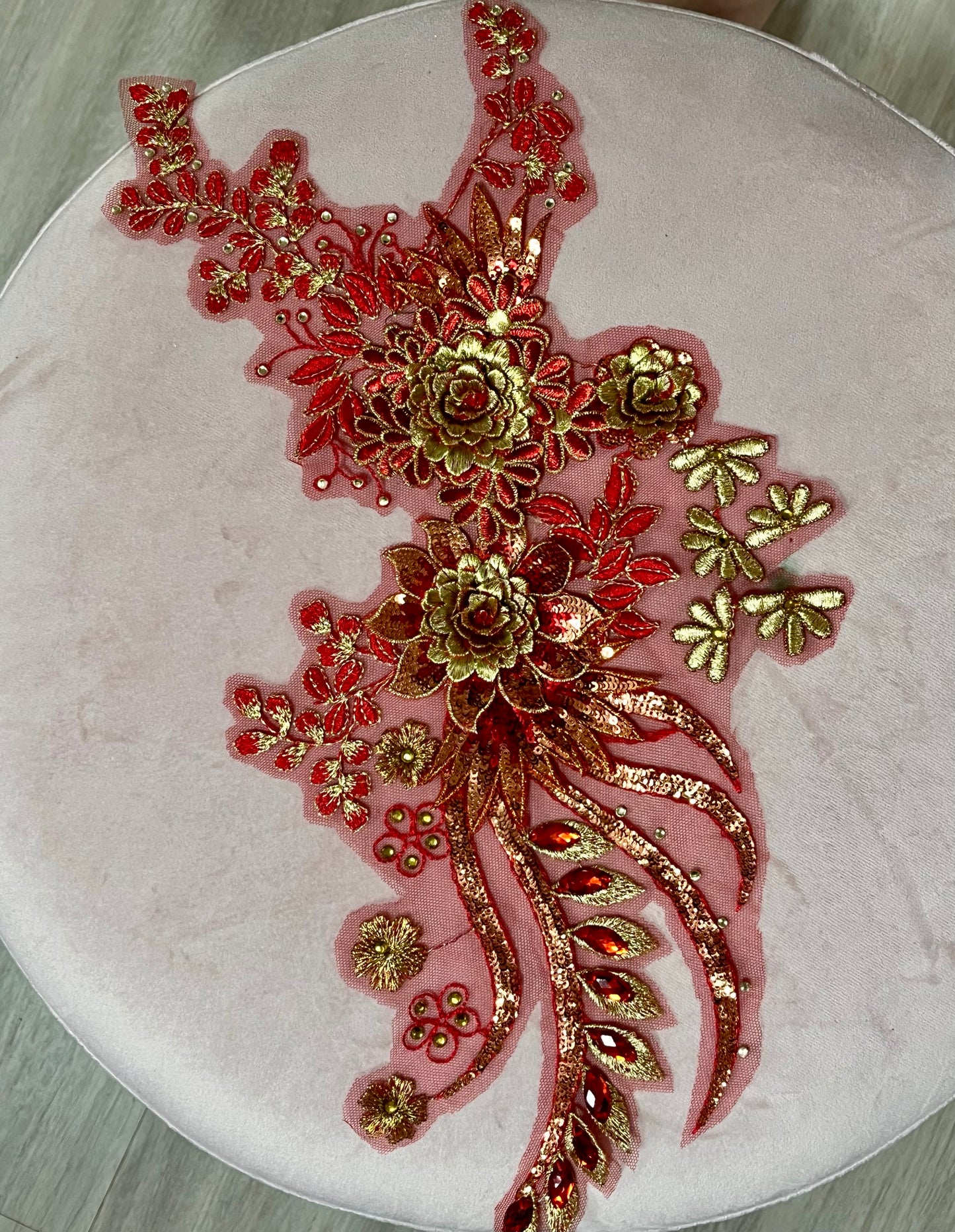 Red and Gold 3D Lace Flower Appliqué