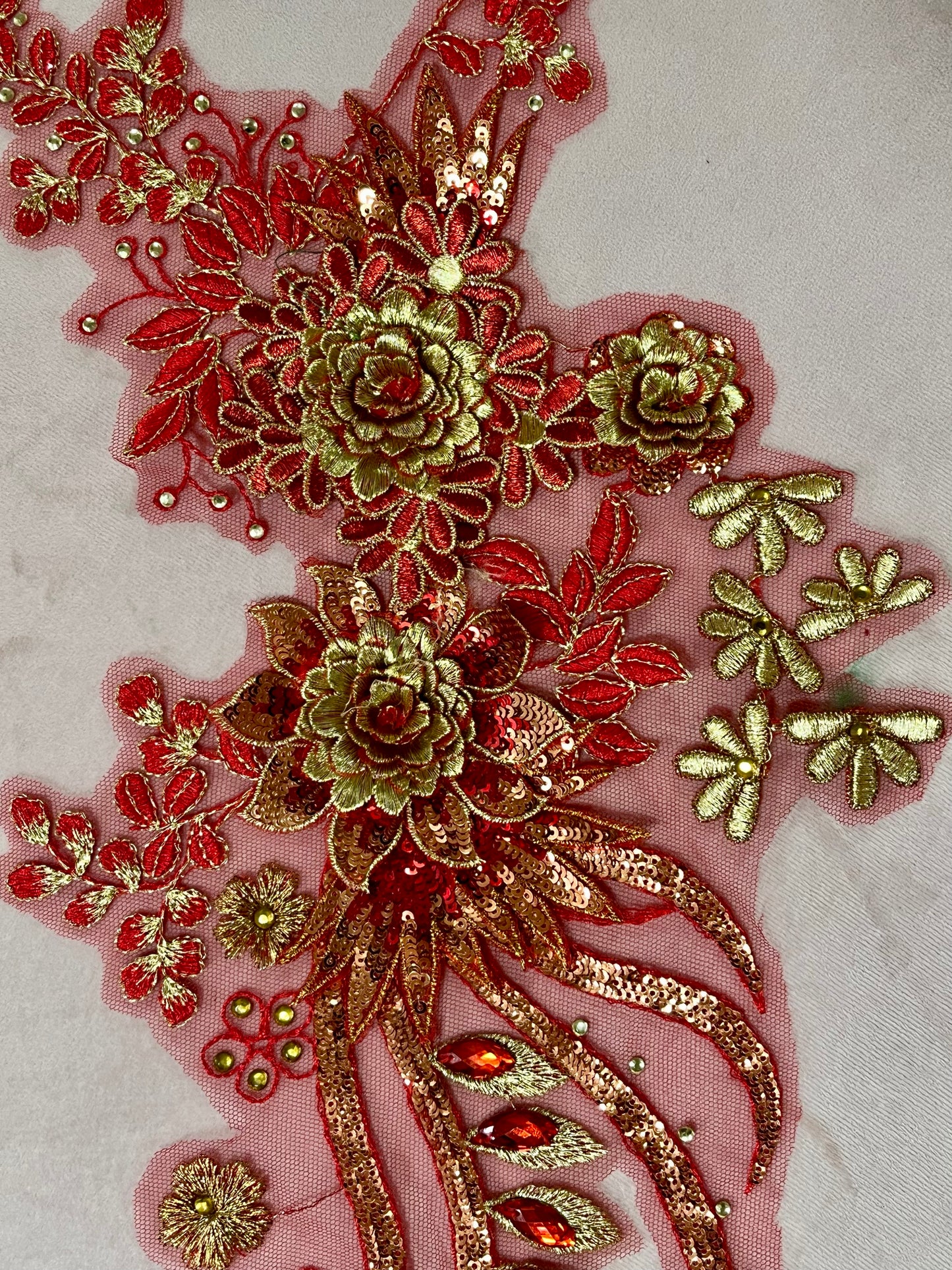 Red and Gold 3D Lace Flower Appliqué