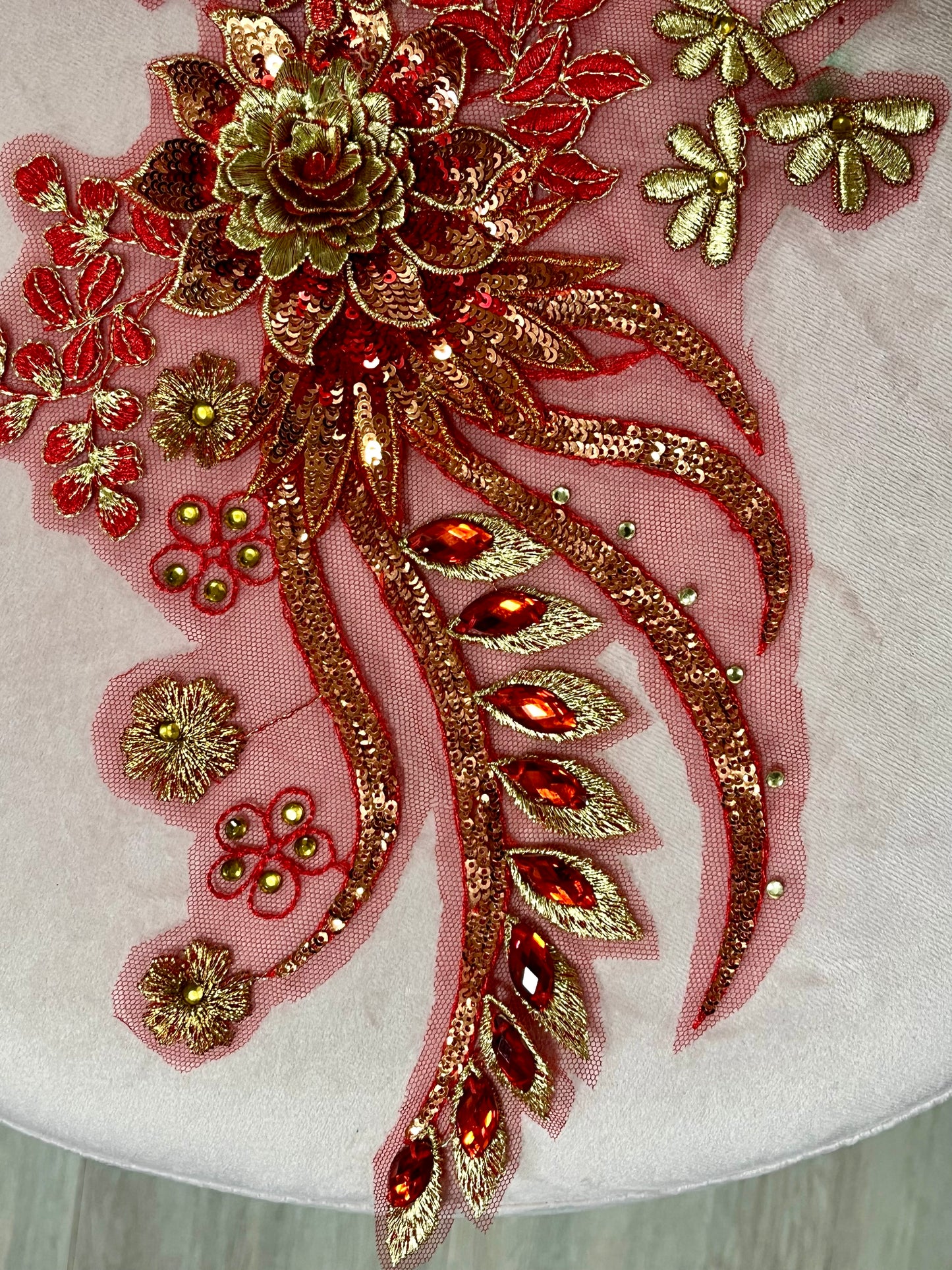 Red and Gold 3D Lace Flower Appliqué