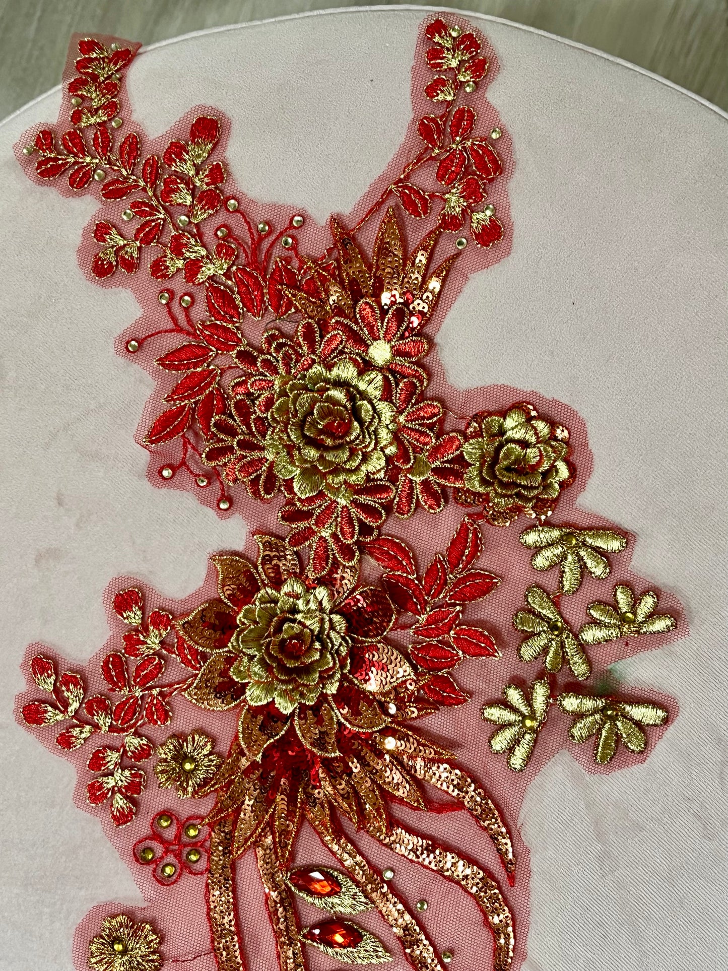 Red and Gold 3D Lace Flower Appliqué