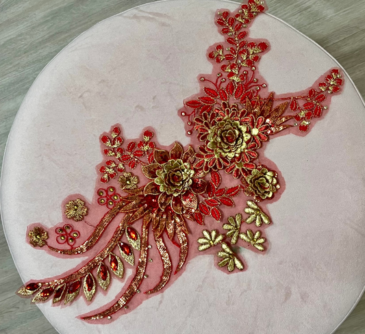 Red and Gold 3D Lace Flower Appliqué